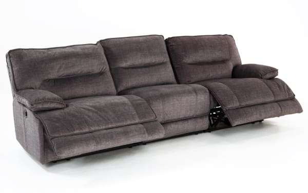Pacifica Gray 114'' Power Reclining Sofa in gray polyester fabric with transitional style, featuring plush cushions, power recline, and built-in USB port.