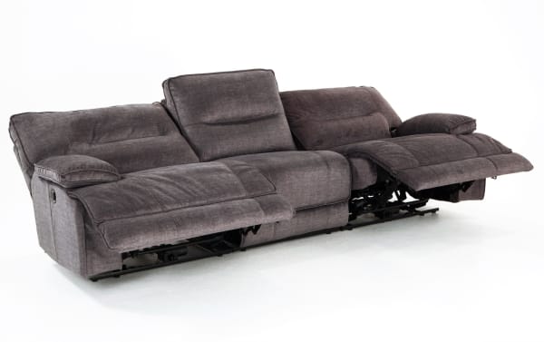 Pacifica Gray 114'' Power Reclining Sofa in gray polyester fabric with transitional style, memory foam cushions, power recline, and USB port.