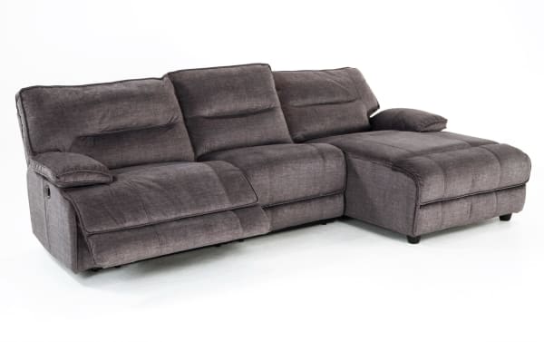Pacifica Gray 114'' power reclining sectional with right arm chaise, armless chair, USB port, gray polyester fabric, transitional style.