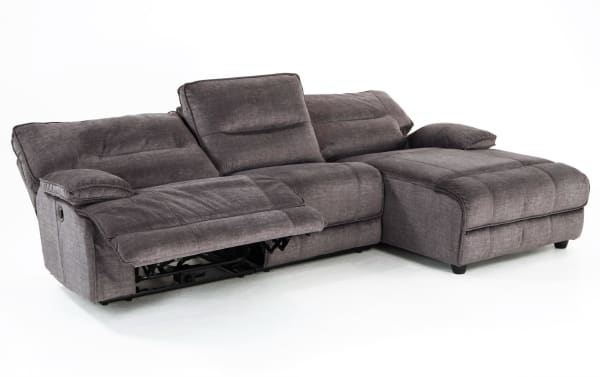 Pacifica Gray 114'' power reclining 3-piece sectional with right arm chaise, armless chair, gray polyester fabric, transitional style, USB port.