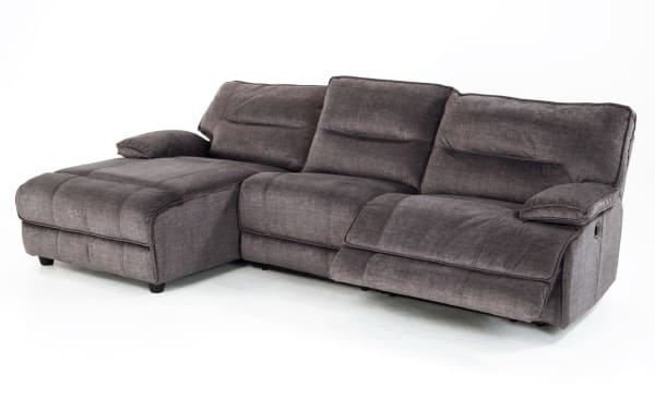 Pacifica Gray 114'' power reclining 3-piece sectional with left arm chaise, armless chair, gray polyester fabric, USB ports, transitional style.