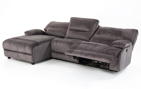 Pacifica Gray 114'' Power Reclining 3 Piece Left Arm Facing Chaise Sectional with armless chair, gray polyester fabric, transitional style, USB ports, and plush memory foam cushions.