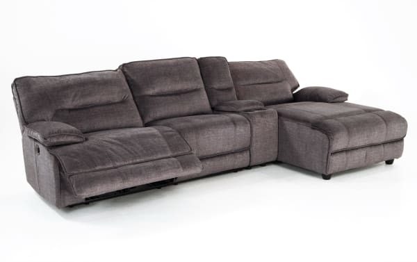Pacifica Gray 127'' transitional 4-piece fabric sectional with power reclining, right arm chaise, USB ports, cup holders, and polyester upholstery.