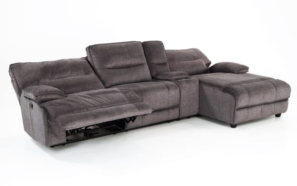 Pacifica Gray 127'' transitional 4-piece right arm facing chaise sectional with power recline, gray polyester fabric, USB ports, and cup holders.