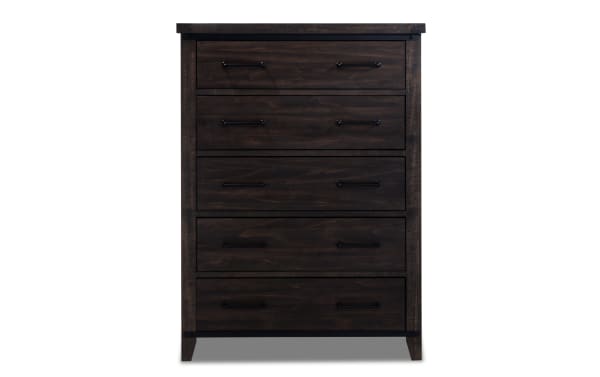 Montana Brown 5 Drawer Chest in rustic dark brown finish, made of MDF, pine solids, and veneer, featuring soft-closing drawers and black metal handles.