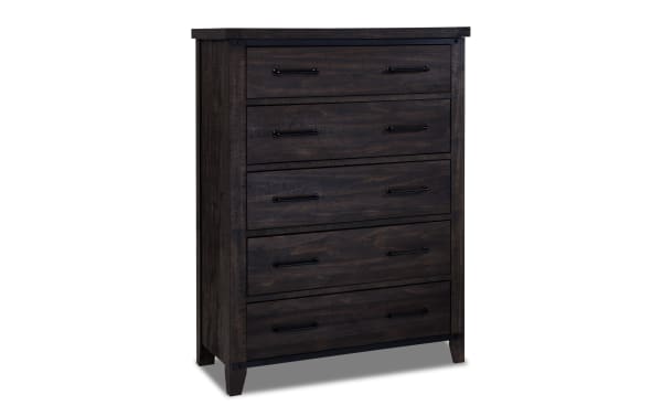 Montana Brown 5 Drawer Chest in rustic dark brown finish, made of MDF, pine solids, and veneer, featuring soft-close drawers and black metal handles.