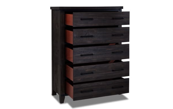 Montana Brown 5 Drawer Chest in rustic dark brown finish, crafted from MDF, pine solids, and veneer, with soft-closing drawers and black metal handles.