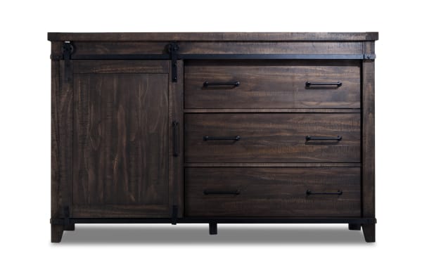 Montana Brown 5 Drawer Dresser in rustic dark brown pine solids and veneer with black metal handles and sliding barn door, part of Montana Bedroom collection.