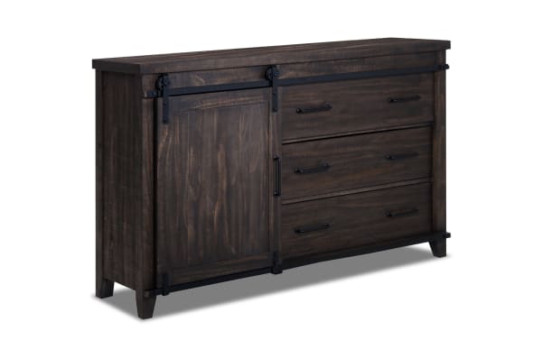 Montana Brown 5 Drawer Dresser in rustic dark brown finish with sliding barn door, metal hardware, MDF, pine solids, and pine veneer.