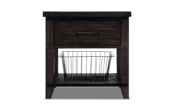 Montana Brown Nightstand with Drawer in rustic dark brown MDF, pine solids, and veneer, featuring a soft-close drawer and a black metal storage basket.