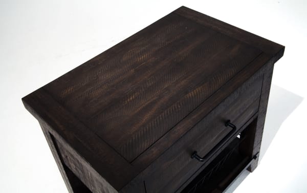 Rustic Montana Brown Nightstand with Drawer in dark brown pine solids and veneer, featuring a soft-close drawer and textured wood grain finish.