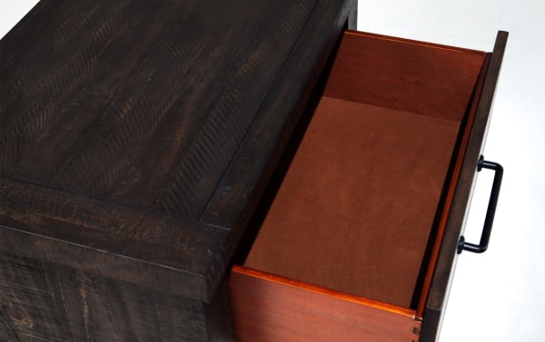 Rustic Montana Brown Nightstand drawer open, showing felt-lined interior, crafted from MDF, pine solids, and pine veneer.