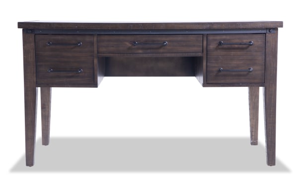 Rustic Montana Brown 3 Drawer Desk in pine solids and veneer, featuring dark brown finish, metal handles, and tapered legs from Montana Bedroom collection.