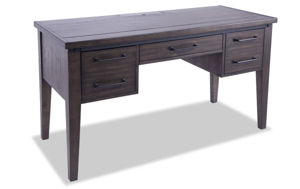 Rustic Montana Brown 3 Drawer Desk in pine solids and veneer, featuring dark brown finish, metal handles, and spacious storage drawers.