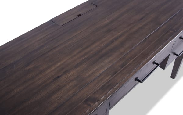 Rustic Montana Brown 3 Drawer Desk from Montana Bedroom collection, made of pine solids and veneer with dark brown finish and black metal handles.