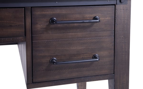 Rustic Montana Brown 3 Drawer Desk from Montana Bedroom collection, crafted with pine solids and veneer, featuring dark brown finish and black metal handles.