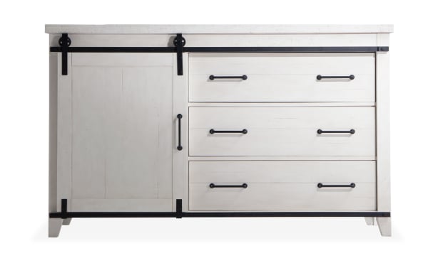 Rustic Montana White 5 Drawer Dresser from Montana Bedroom collection, made of MDF, pine solids, and pine veneer, featuring soft-closing drawers and black metal handles.