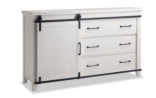 Montana White 5 Drawer Dresser in rustic white finish with black metal sliding barn door hardware, MDF and pine solids, part of Montana Bedroom collection.