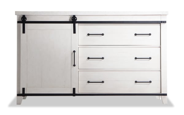 Montana White 5 Drawer Dresser in rustic white finish with black metal sliding barn door hardware, made of MDF, pine solids, and pine veneer.