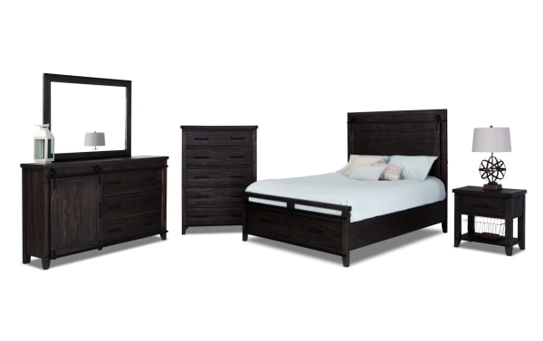 Montana 5 Piece Queen Brown Storage Platform Bedroom Set in rustic pine solids and veneer with USB headboard, soft-close drawers, felt-lined tops, and nightstand basket.