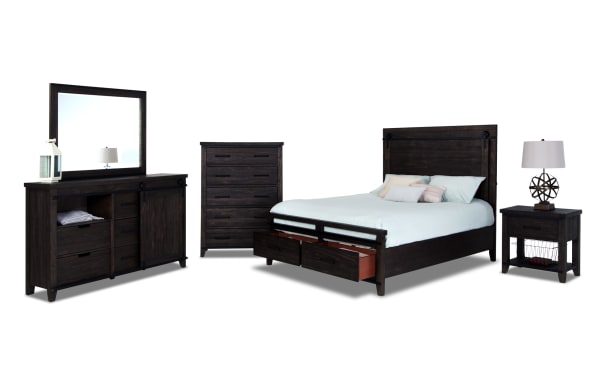 Montana 5 Piece Queen Brown Storage Platform Bedroom Set in rustic pine solids and veneer with USB headboard, storage drawers, soft-close felt-lined drawers, and nightstand basket.