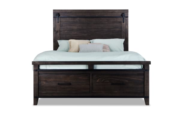 Montana Queen Brown Storage Platform Bed from Montana Bedroom collection, rustic pine solids and veneer with USB ports, storage drawers, dark finish.