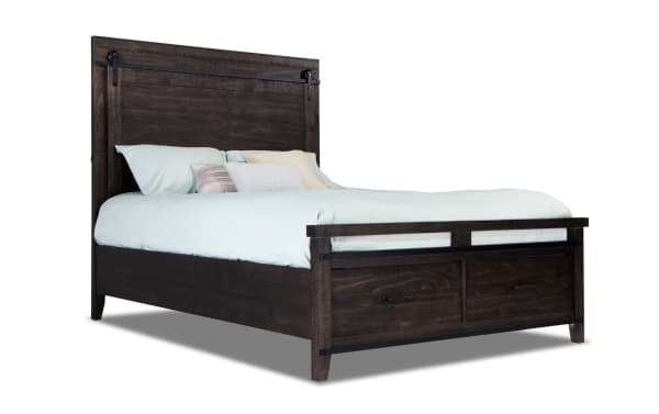 Montana Queen Brown Storage Platform Bed in rustic style with pine solids and veneer, featuring a tall headboard, footboard drawers, and USB ports.