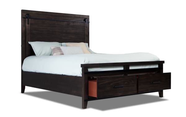 Montana Queen Brown Storage Platform Bed with rustic pine solids and veneer, featuring a tall headboard with USB ports and footboard storage drawers.