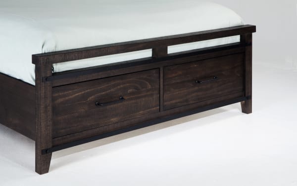 Rustic Montana Queen Brown Storage Platform Bed made of pine solids and veneer, featuring two footboard drawers with black handles and metal accents.
