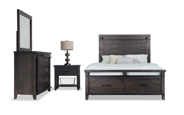 Montana 4 Piece Queen Brown Storage Platform Bedroom Set in rustic pine solids and veneer, featuring a storage bed with footboard drawers, a nightstand with basket, and a dresser with soft-closing, felt-lined drawers.
