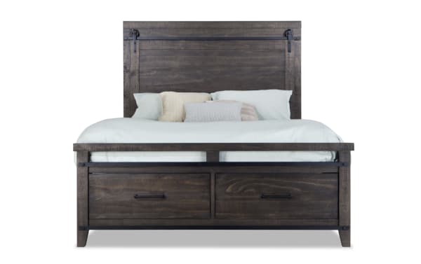 Rustic Montana 4 Piece Queen Brown Storage Platform Bed with pine solids, MDF, pine veneer, featuring two footboard drawers for extra storage.
