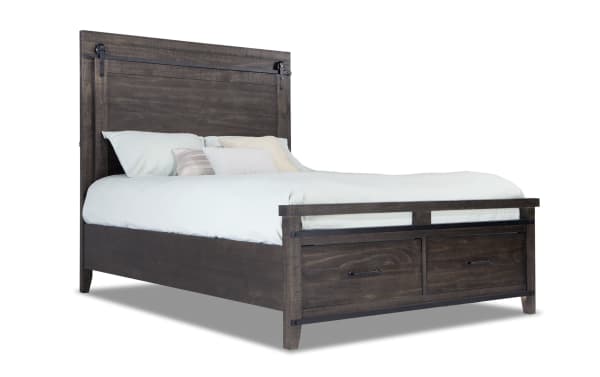 Montana 4 Piece Queen Brown Storage Platform Bed with rustic pine solids, MDF, pine veneer, featuring two footboard storage drawers and antique finish.