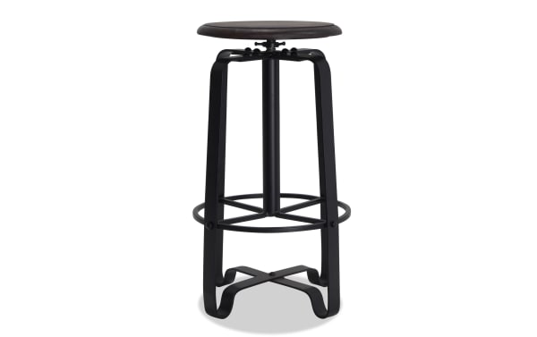 Scooter charcoal and brown backless bar height adjustable stool with rounded mango wood seat and durable black iron frame in industrial style.