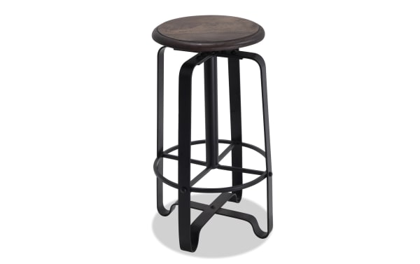 Scooter charcoal and brown backless bar height adjustable stool with rounded mango wood seat and durable black iron frame in industrial style.