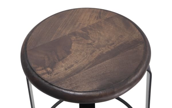 Scooter industrial backless bar stool with adjustable height, featuring a round brown mango wood seat and sturdy charcoal iron frame.