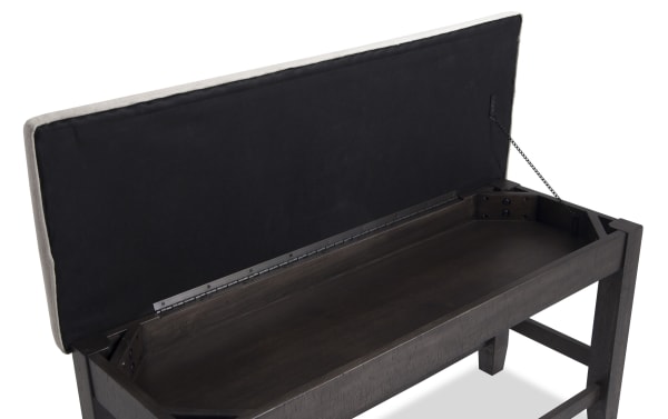 Sonoma Espresso & Beige Upholstered Counter Height Storage Dining Bench with solid acacia frame, beige polyester fabric, and hinged seat for hidden storage.