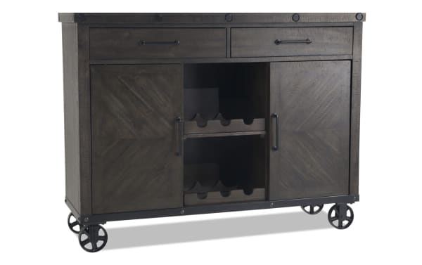 Sonoma Espresso 2 Drawer Server in transitional style with solid acacia wood, espresso finish, herringbone doors, casters, wine storage, and classic hardware.