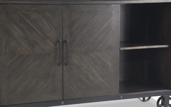 Sonoma Espresso 2 Drawer Server in transitional style with solid acacia wood, espresso finish, herringbone sliding doors, black metal handles, and open shelving for versatile dining storage.