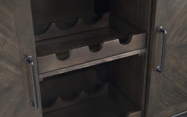 Sonoma Espresso 2 Drawer Server with solid Acacia wood, espresso finish, transitional style, featuring wine bottle storage racks and rustic herringbone sliding doors.