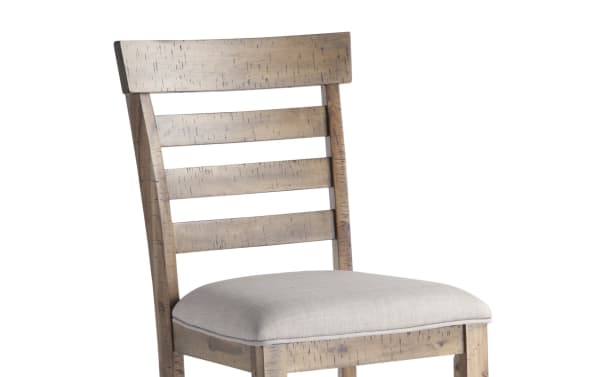Sonoma Natural & Beige Ladder Back Upholstered Counter Height Stool with solid acacia frame, beige polyester fabric seat, and rustic transitional style.