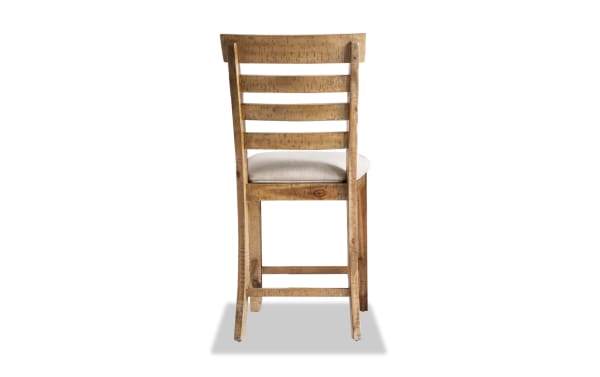 Beige Sonoma Natural & Beige Ladder Back Upholstered Counter Height Stool in solid acacia wood with fabric polyester seat and rustic natural finish.