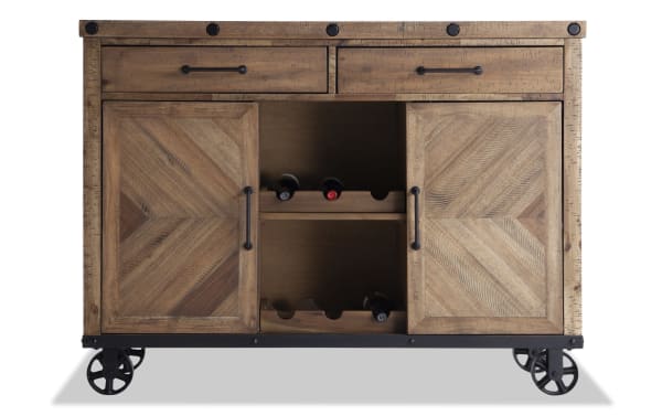 Sonoma Natural 2 Drawer Server in transitional style with solid acacia wood, herringbone doors, black hardware, casters, and built-in wine storage.