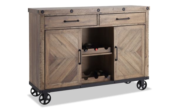Sonoma Natural 2 Drawer Server in transitional style with solid acacia wood, espresso finish, casters, herringbone doors, black hardware, and wine storage.
