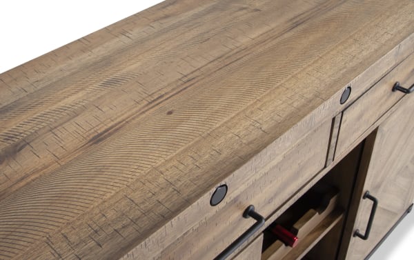 Sonoma Natural 2 Drawer Server in transitional style with solid acacia wood, natural finish, black metal handles, and herringbone sliding doors.