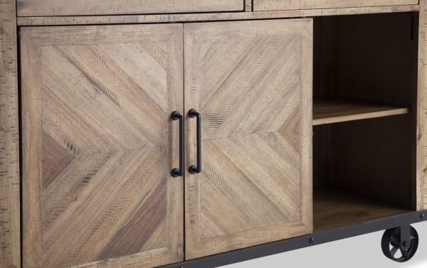 Sonoma Natural 2 Drawer Server in transitional style with solid acacia wood, herringbone-patterned doors, black handles, and caster wheels for rustic dining storage.