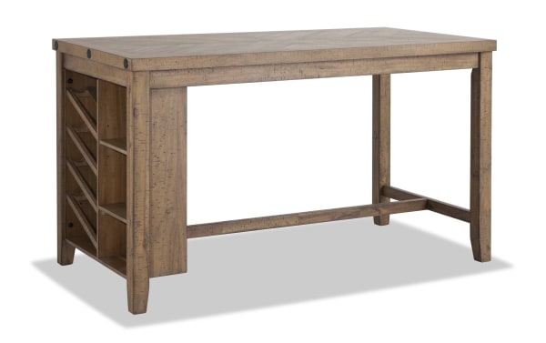 Sonoma Natural Kitchen Island in rustic natural finish, solid Acacia wood with built-in wine rack, shelves, and power outlet with USB port.