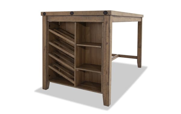 Sonoma Natural Kitchen Island in transitional style, made of solid acacia and veneers, features rustic finish, angled wine slots, open shelves, and power outlet.