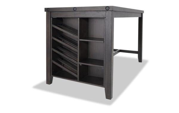 Sonoma Espresso Kitchen Island in transitional style, made of solid acacia and veneers, with rustic espresso finish, wine slots, shelves, and power outlet.