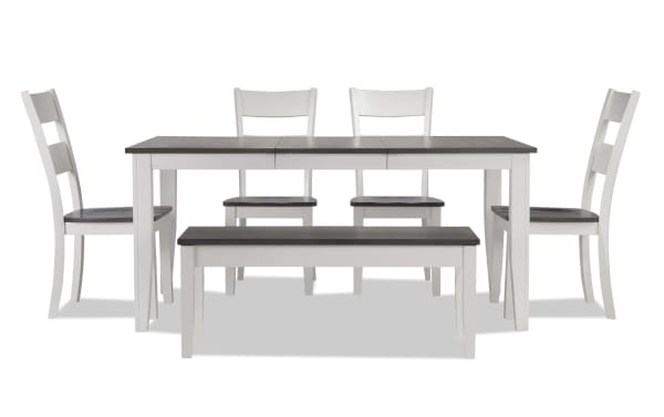 Blake 6 Piece Cottage Dining Set with white MDF and hardwood solids frame, gray birch veneer extendable table, four chairs, and gray-topped storage bench.