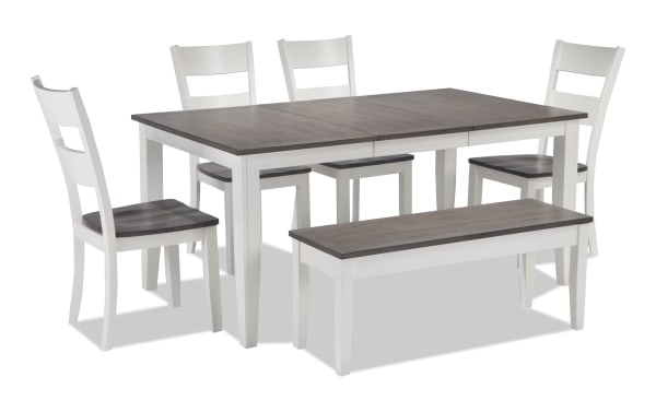 Blake 6 Piece Cottage Style Dining Set with white MDF and hardwood solids frame, gray birch veneer top, extendable table, four chairs, and storage bench.